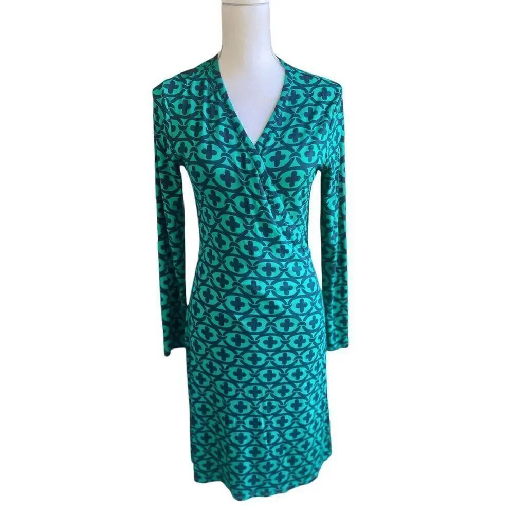 Boden Celtic Wrap Dress Green Jersey Knit U.S.10P Long sleeves